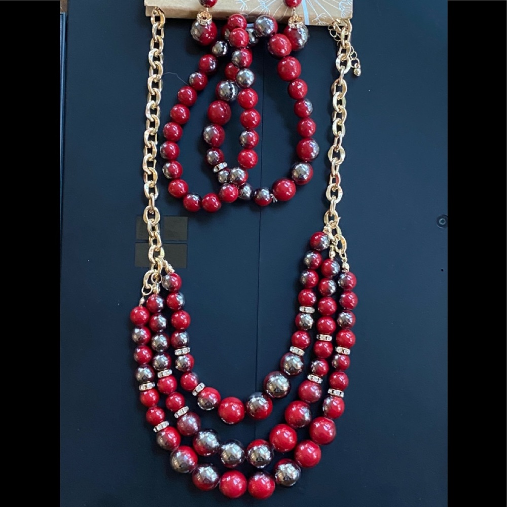 Valentines Day Red necklace, bracelet, earring set